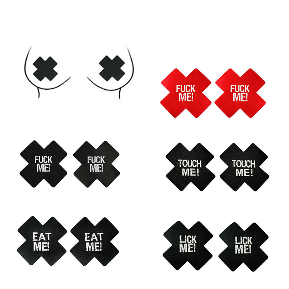 10 Pack Black Red Cross Pasties Letter Print Nippe Covers Black Luminous Pasties