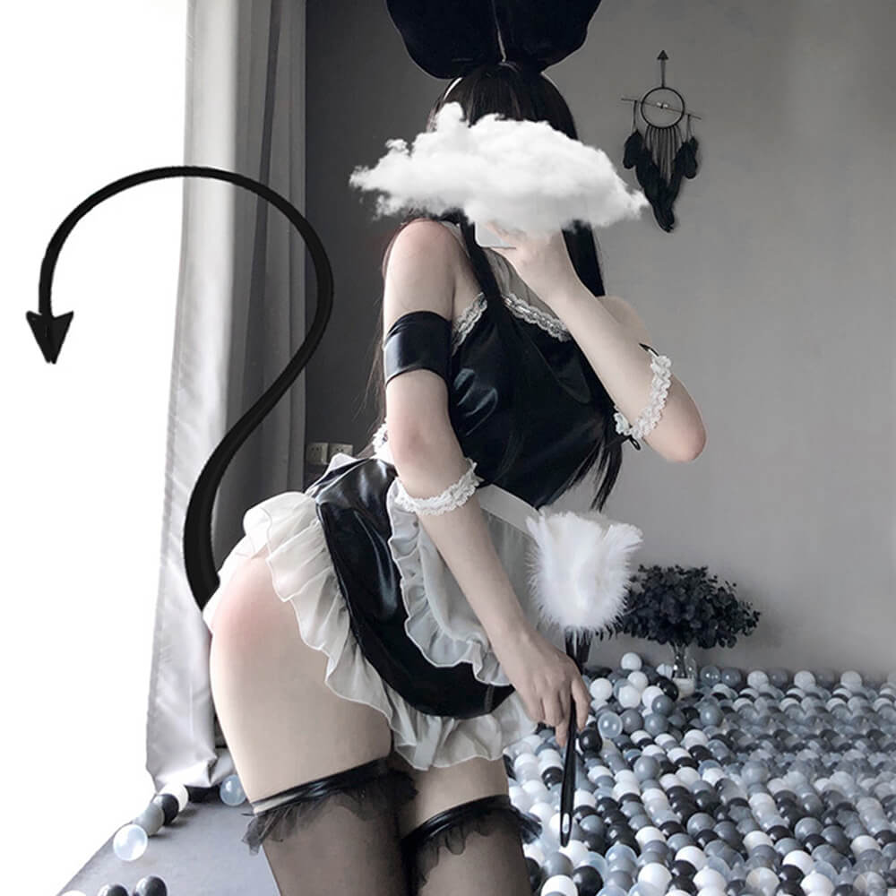 Sexy Bunny Anime Lingerie Patent Leather One-piece Apron Backless Maid Cosplay Uniform