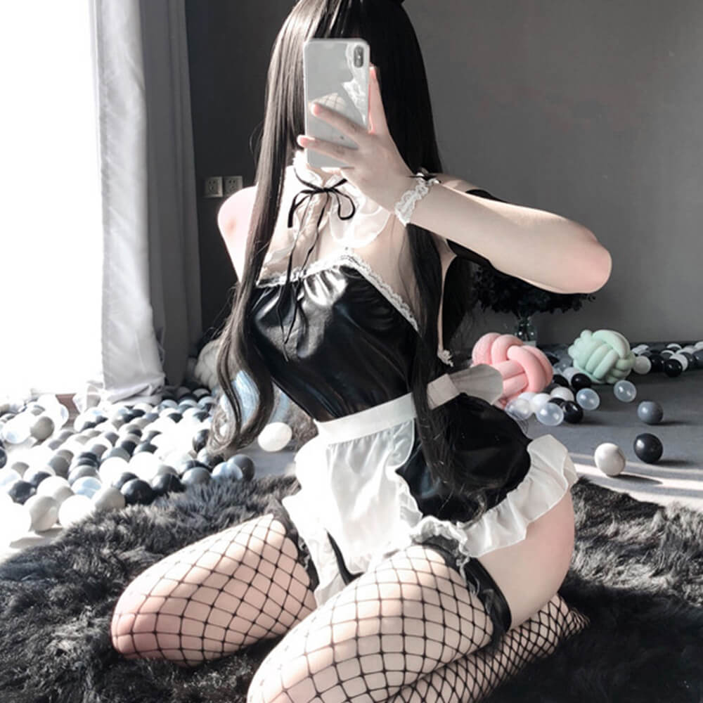 Sexy Bunny Anime Lingerie Patent Leather One-piece Apron Backless Maid Cosplay Uniform