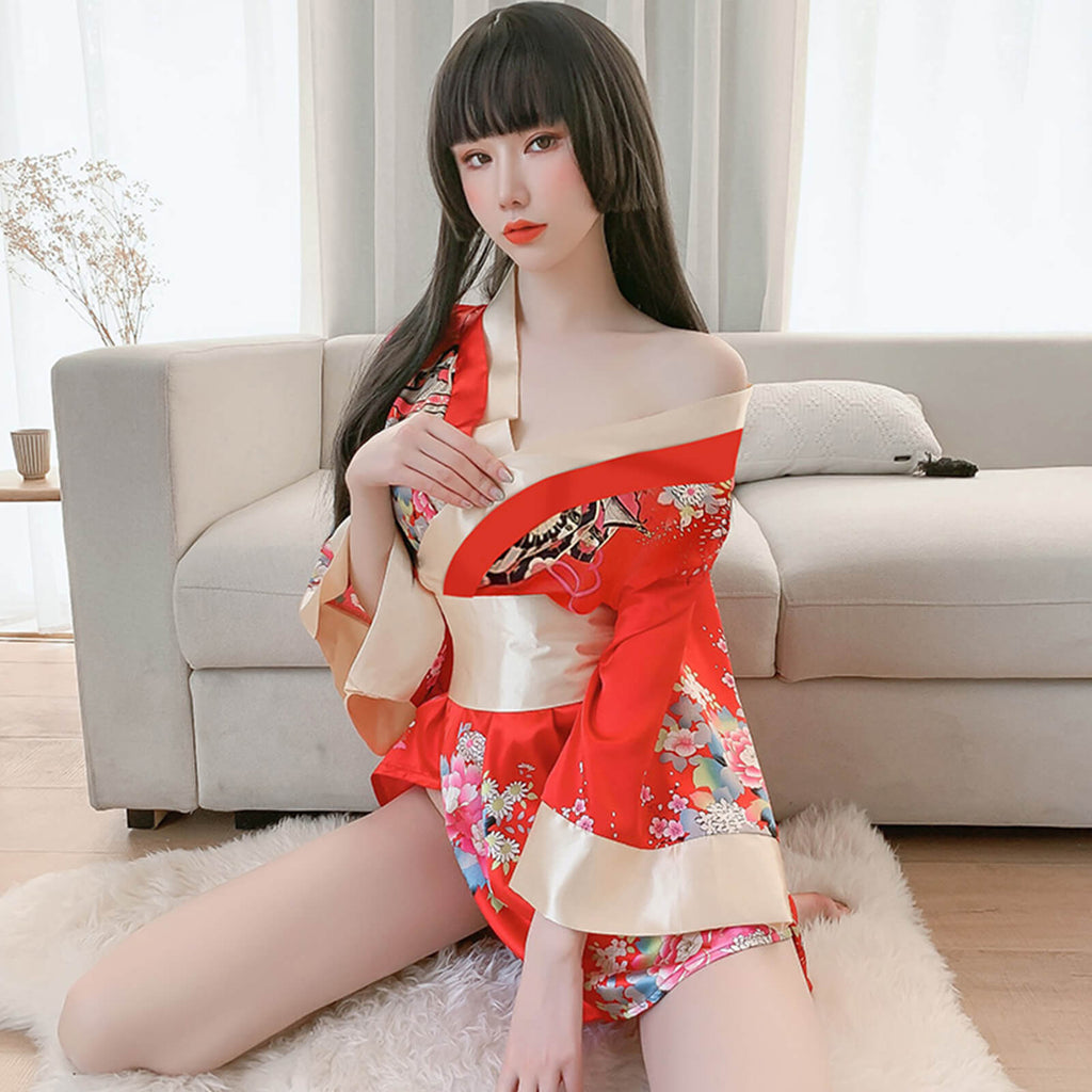 2 Colors Women's Traditional Japanese Yukata Kimono Flower Print Short Kimono Cosplay Costume