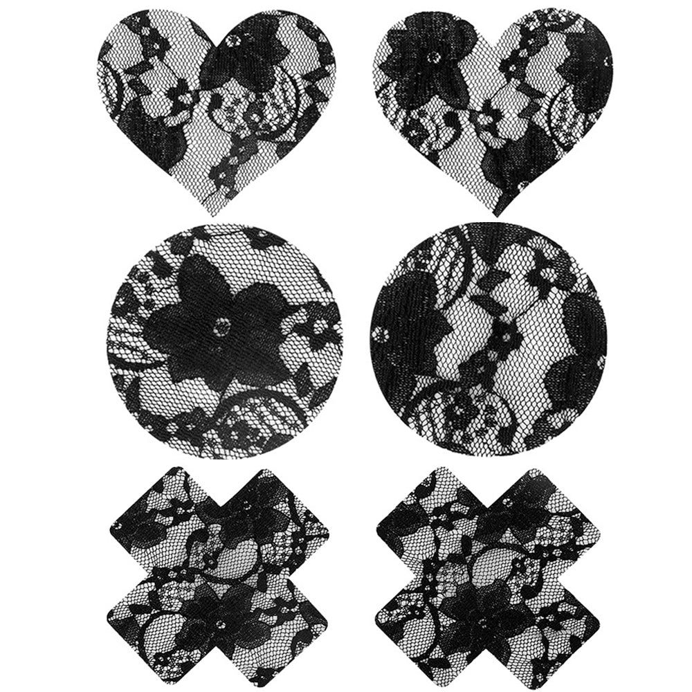 3 Pack Lace Pasties Black Cross & Heart & Round Nipple Covers