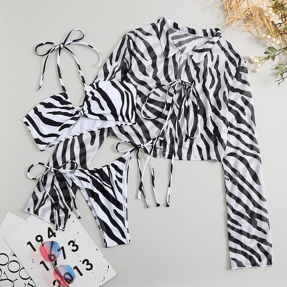 3 Piece Striped Bathing Suits Strapless Swimsuit High Cut Bandeau Bikini Set with Cover Up Shirt