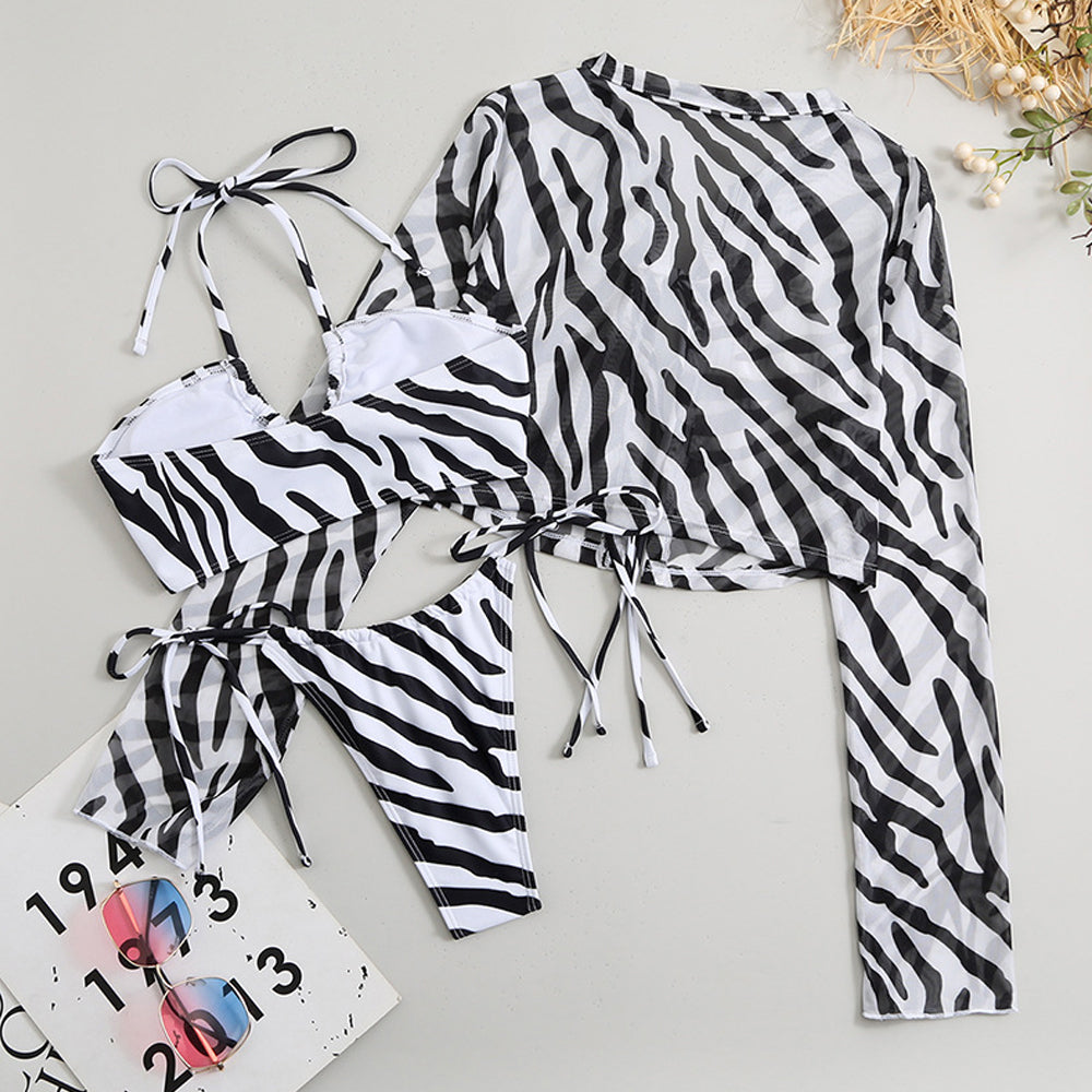 3 Piece Striped Bathing Suits Strapless Swimsuit High Cut Bandeau Bikini Set with Cover Up Shirt