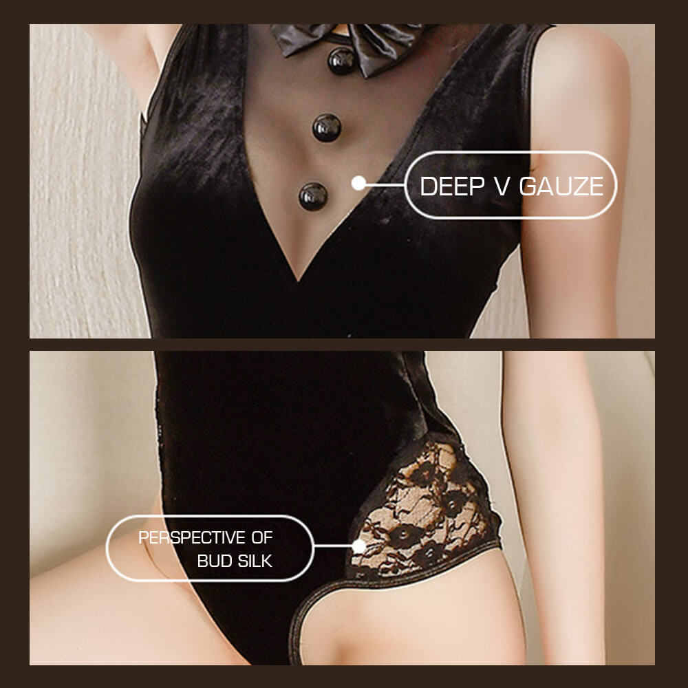 Sexy Ainme Lingerie Bunny Cosplay Velvet Deep V Jumpsuit Costume