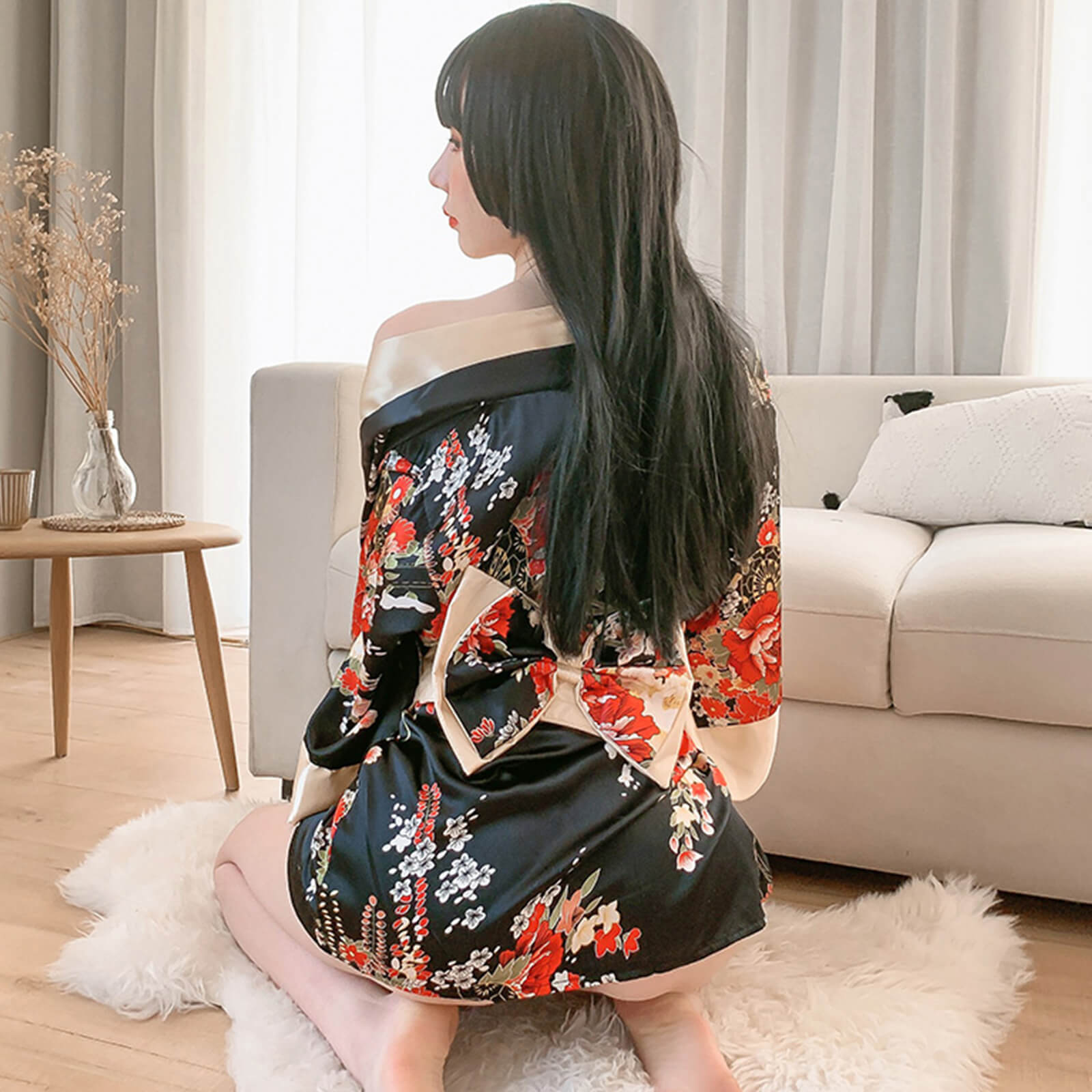 2 Colors Women's Traditional Japanese Yukata Kimono Flower Print Short Kimono Cosplay Costume