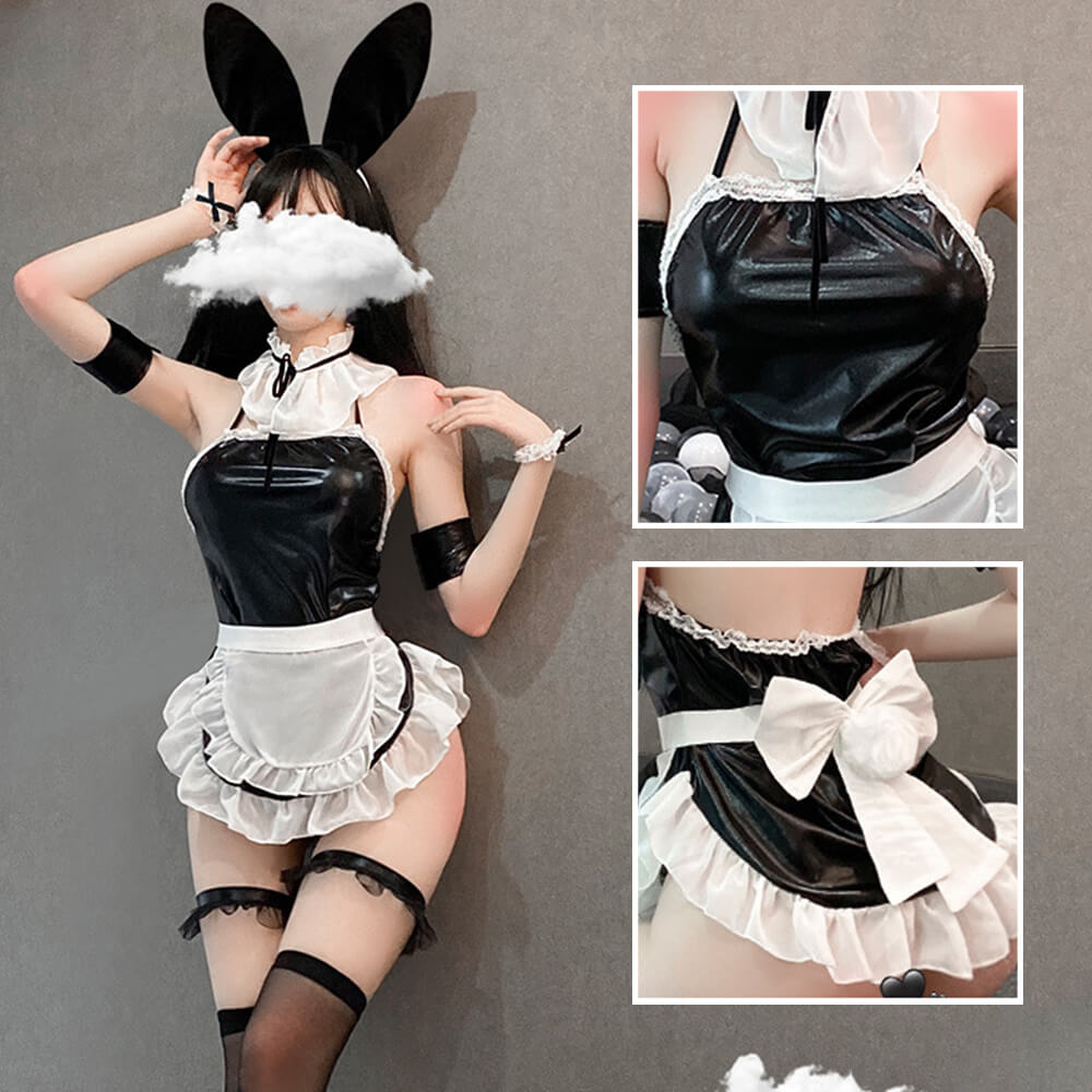 Sexy Bunny Anime Lingerie Patent Leather One-piece Apron Backless Maid Cosplay Uniform