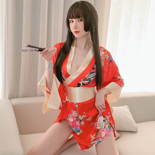 2 Colors Women's Traditional Japanese Yukata Kimono Flower Print Short Kimono Cosplay Costume