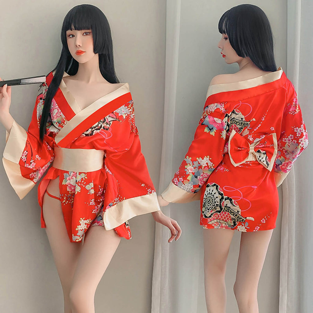 2 Colors Women's Traditional Japanese Yukata Kimono Flower Print Short Kimono Cosplay Costume