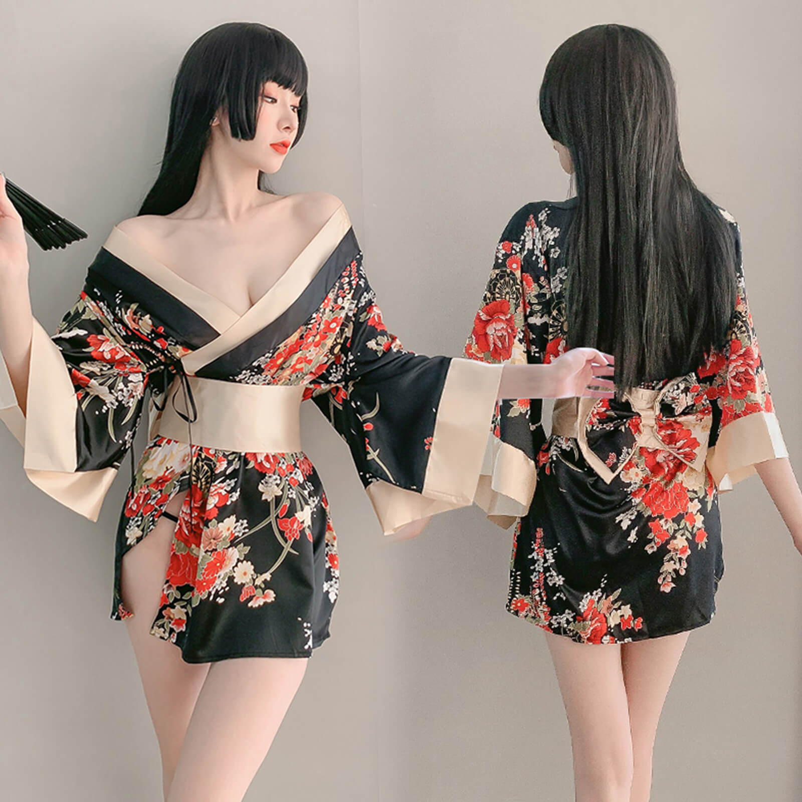 2 Colors Women's Traditional Japanese Yukata Kimono Flower Print Short Kimono Cosplay Costume