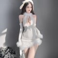 Furry Bodycon Lingerie Dress with Bunny Ear Halter V Neck Backless Sweater Dress